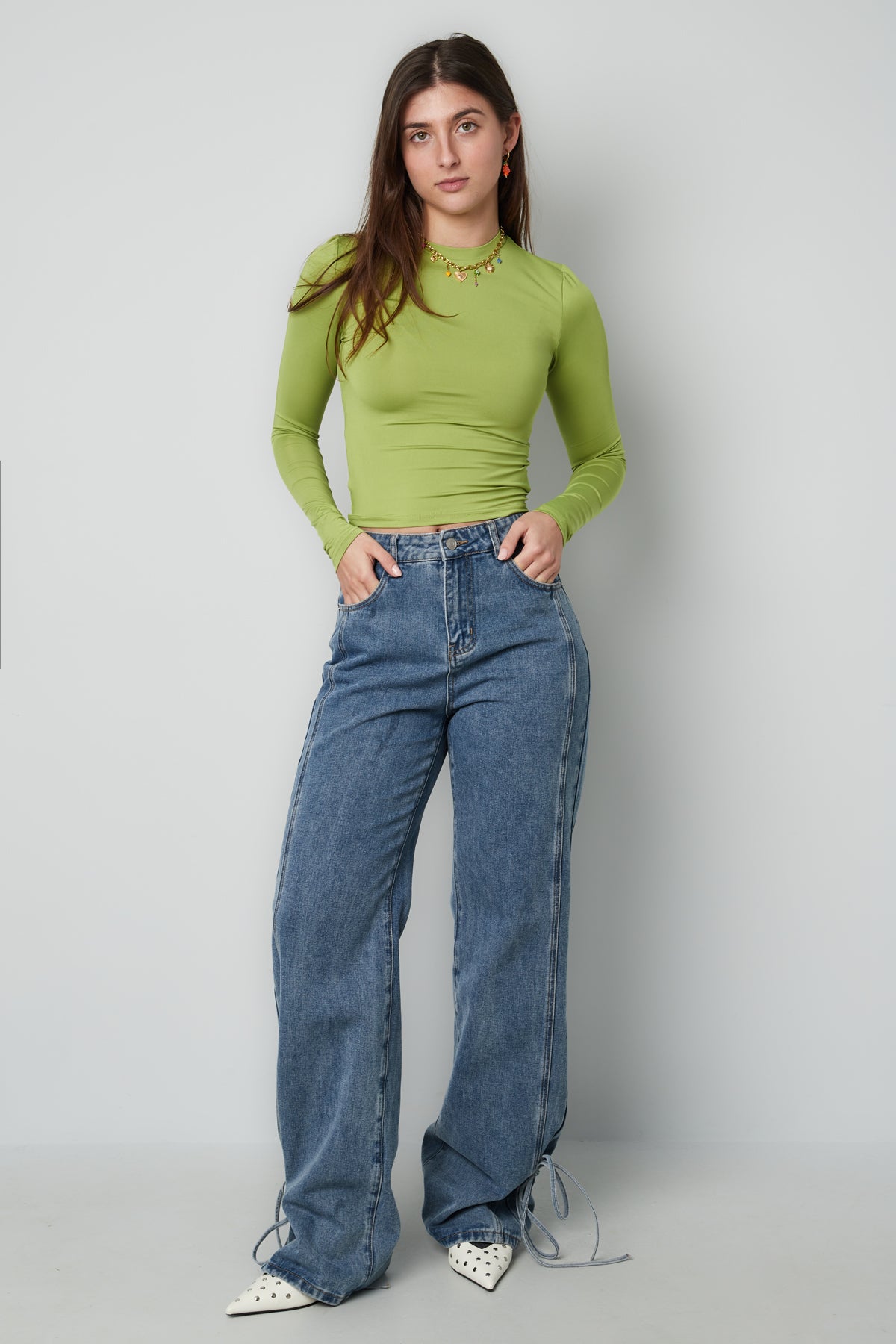 Cotton Woven Women's Straight Leg Denim Pants Casual Knot Detail