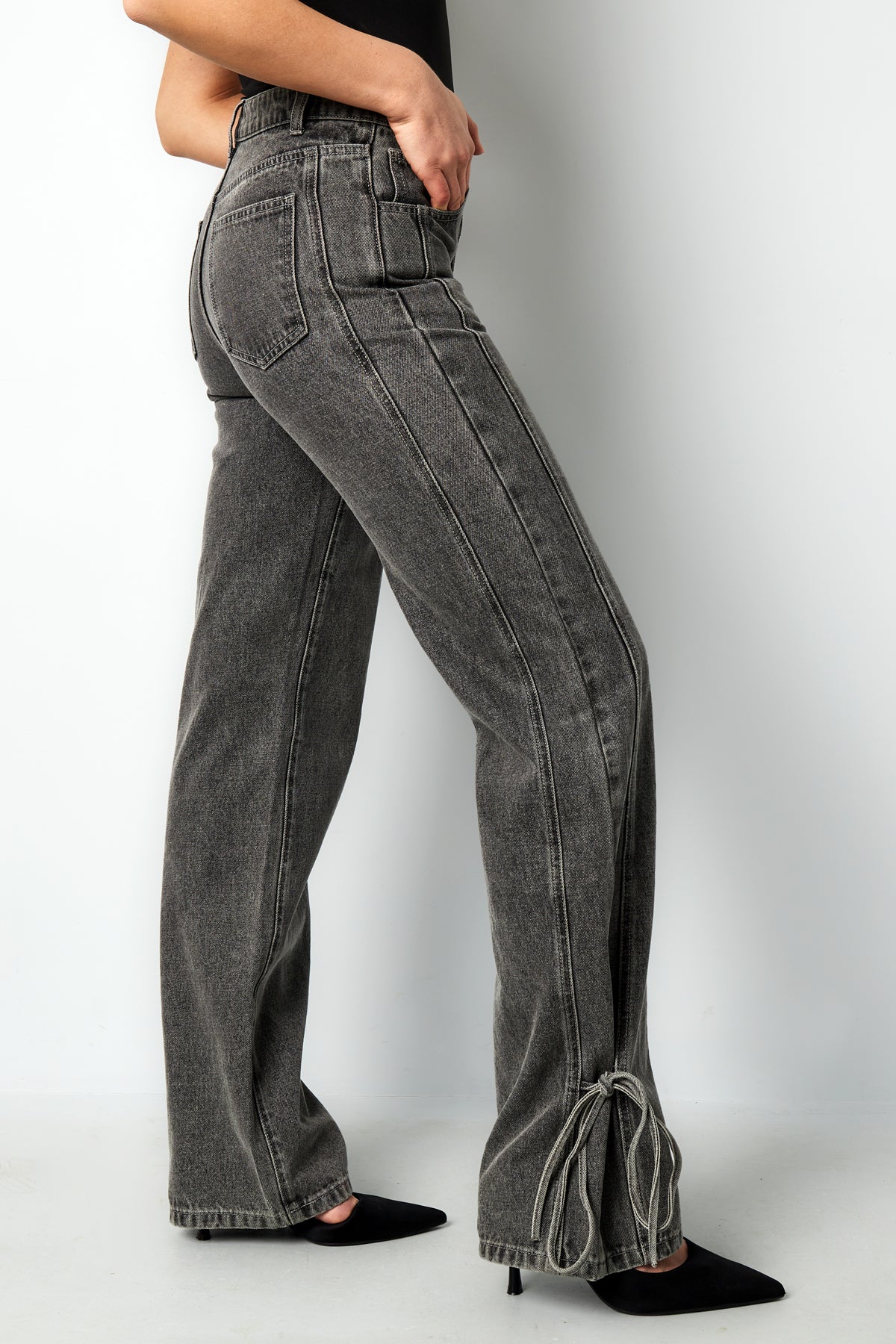 Cotton Woven Women's Straight Leg Denim Pants Casual Knot Detail
