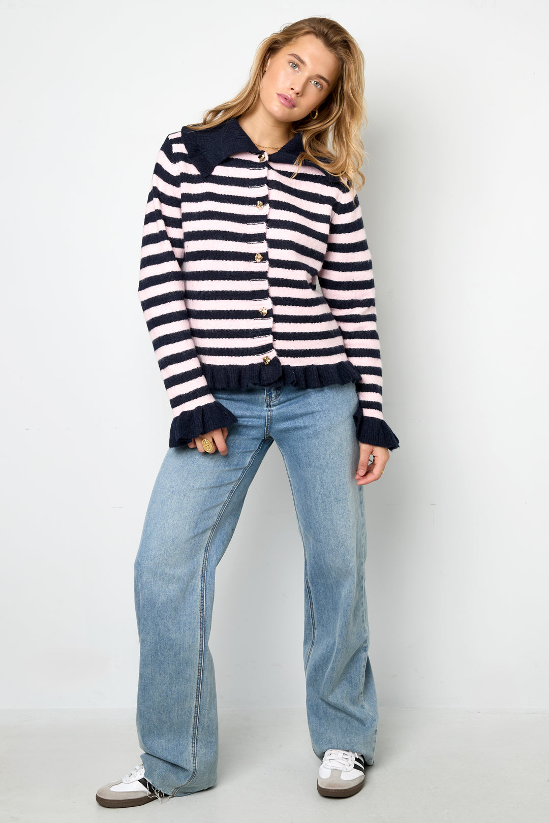 Knitted Polyester Fiber Women's Cardigan Casual Stripes