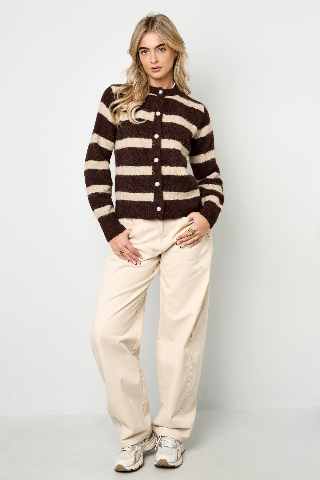 Knitted Polyester Fiber Women's Cardigan Casual Stripes