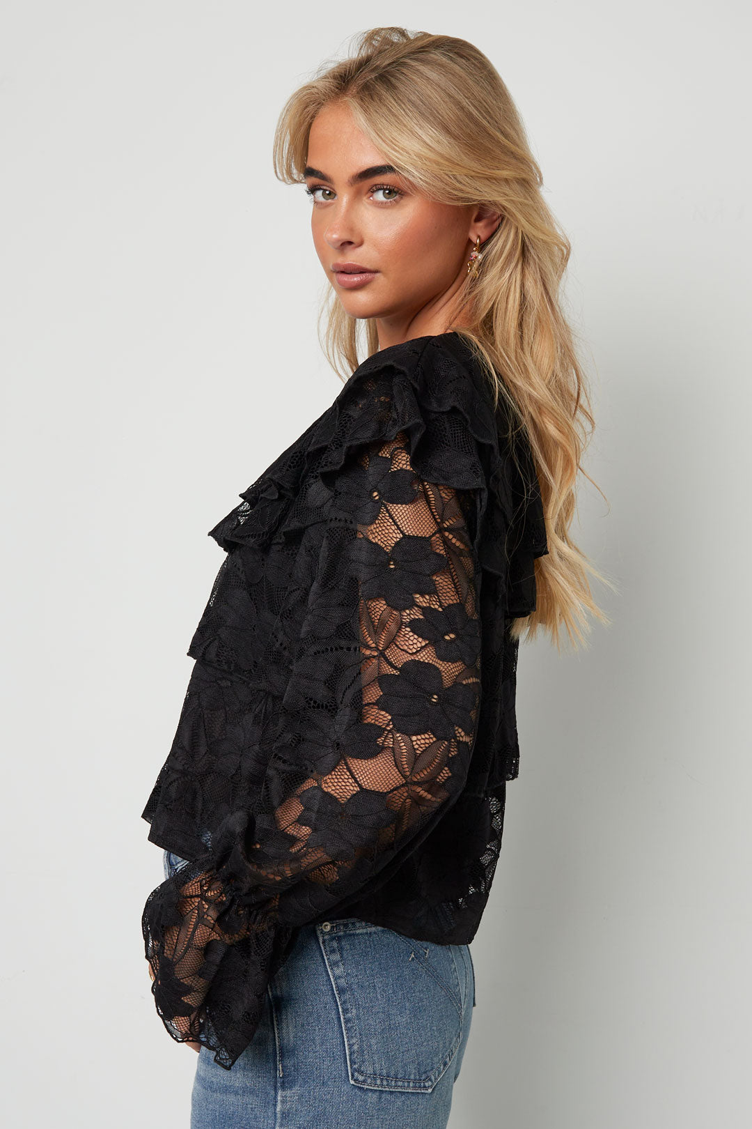 Woven Polyester Fiber Women's Blouse Elegant Floral Print Lace Panel
