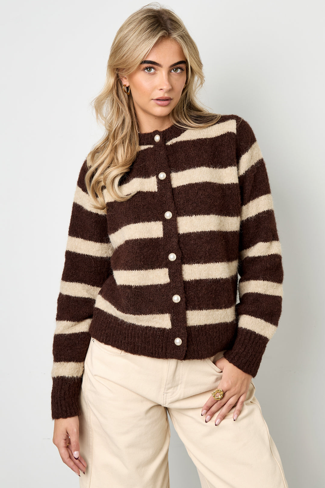 Knitted Polyester Fiber Women's Cardigan Casual Stripes