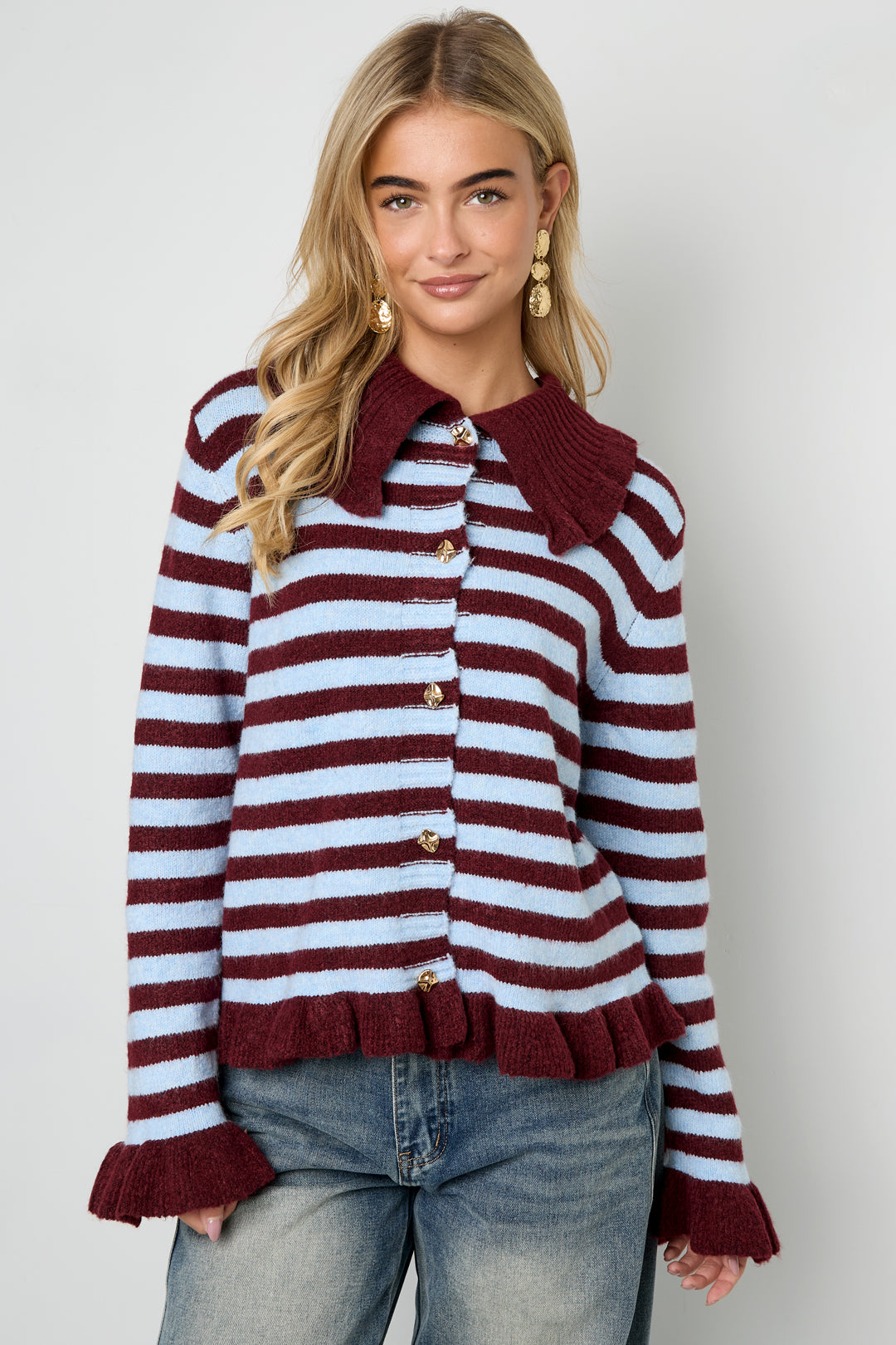 Knitted Polyester Fiber Women's Cardigan Casual Stripes