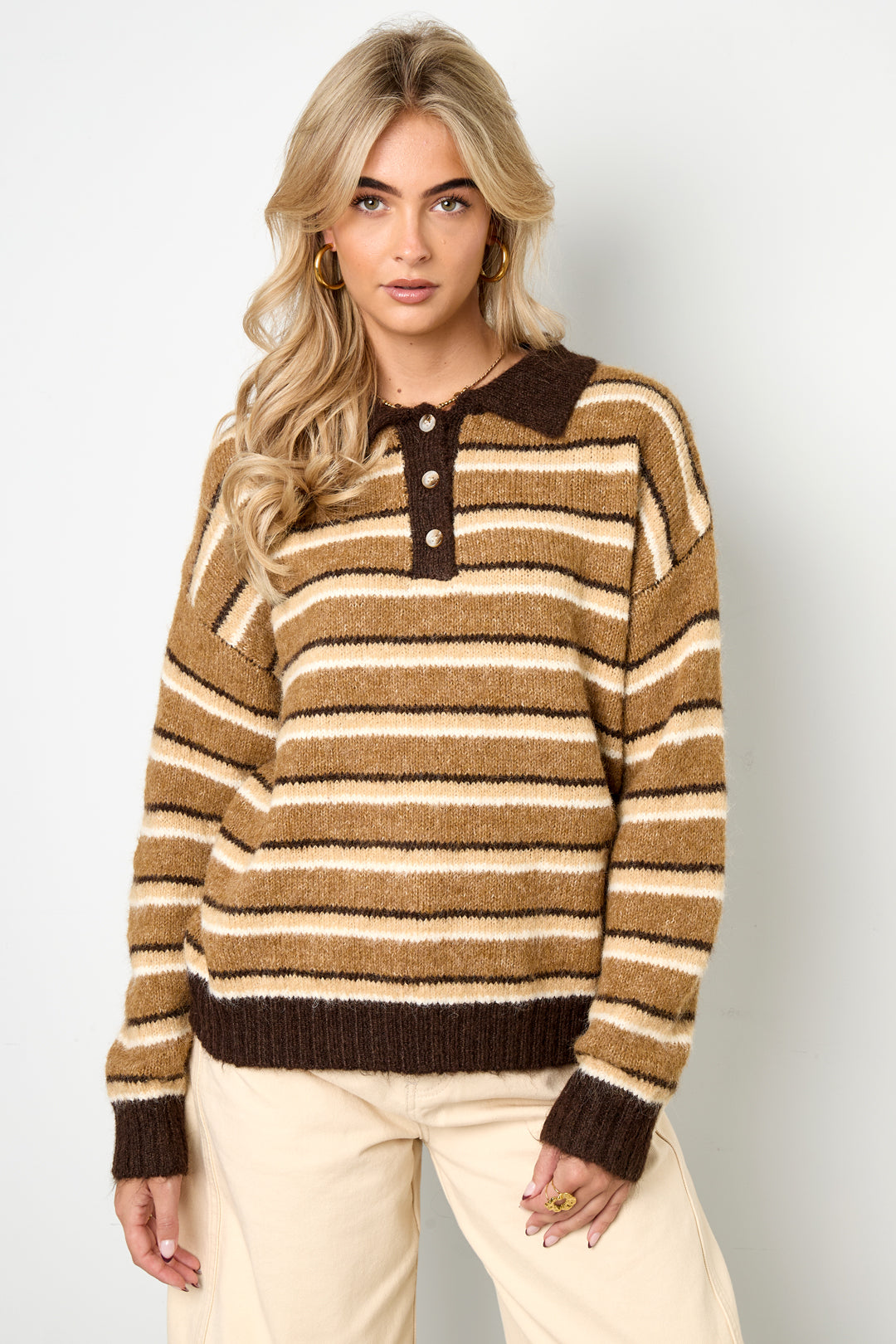 Knitted Polyester Fiber Women's Knit Sweater Casual Stripes
